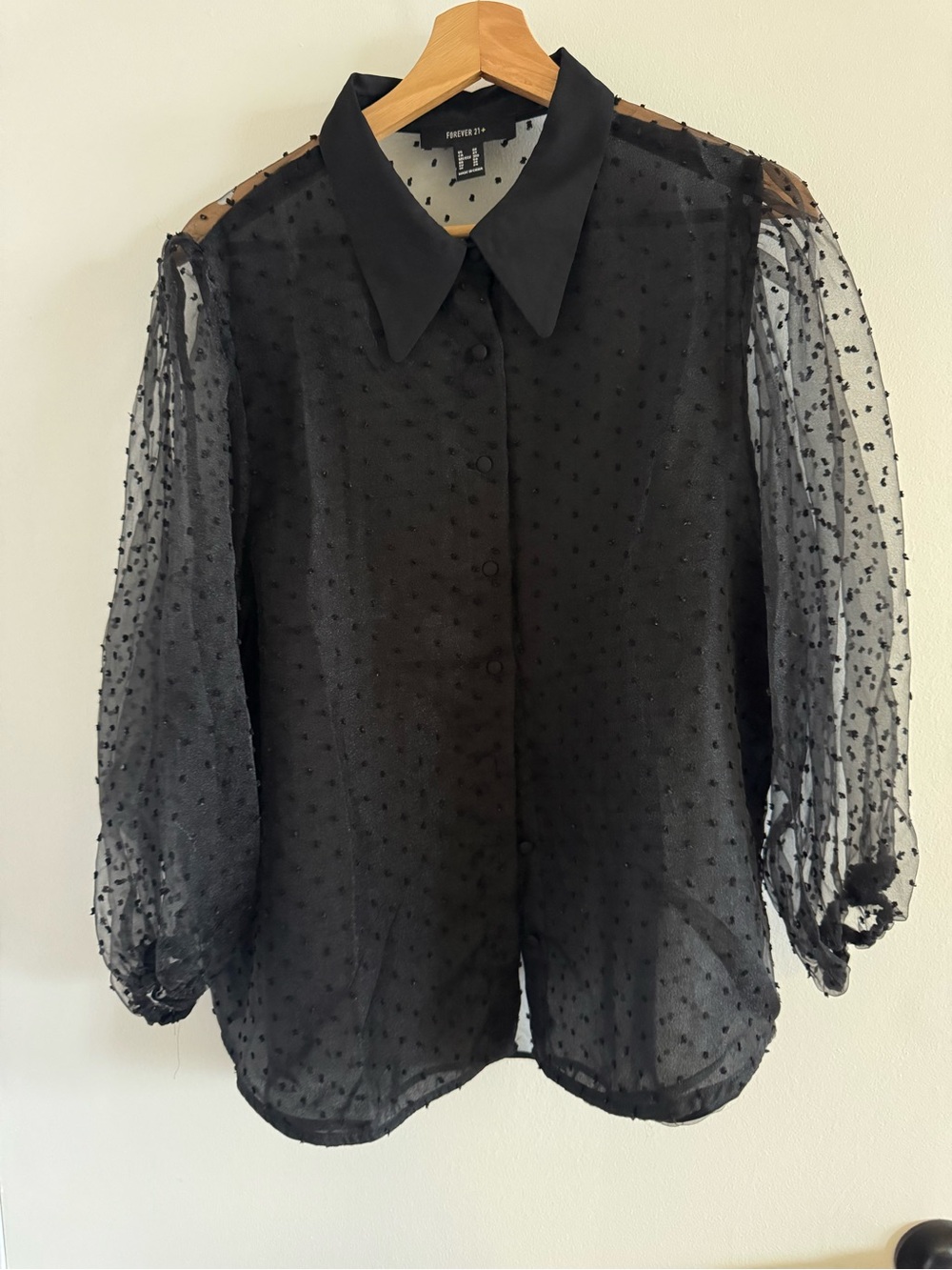 Forever 21 Black Sheer Swiss Dot Button-Down Blouse